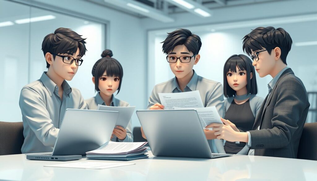 3D digital illustration of a group of young Japanese-looking character designers engaged in a discussion about copyright management. The scene depicts a modern, well-lit office space with clean, minimalist aesthetics. The characters, both male and female, are focused and pensive, using laptops and documents to collaborate on intellectual property rights issues. Subtle blue and gray tones create a professional, serious atmosphere. The overall composition conveys the complexities of managing character design copyrights and the importance of this crucial aspect of the character design profession.
