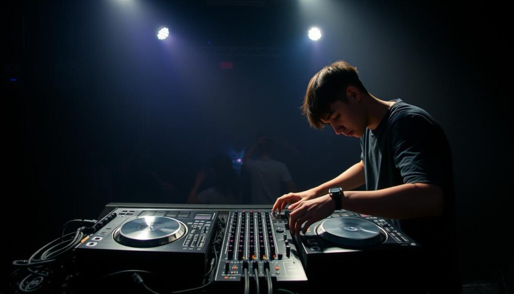 A DJ booth in a dimly lit club, the air thick with the pulsing beat of the music. Two young, Japanese-looking DJs stand behind the decks, their brows furrowed in concentration as they expertly navigate the complex controls, adjusting levels and cuing tracks with precision. The lighting is moody, casting dramatic shadows across their faces, creating an intense, serious atmosphere as they manage the risks and challenges of their performance. In the background, a crowd of revelers dance, lost in the music, while the DJs remain focused, their attention trained on ensuring a seamless, problem-free set.