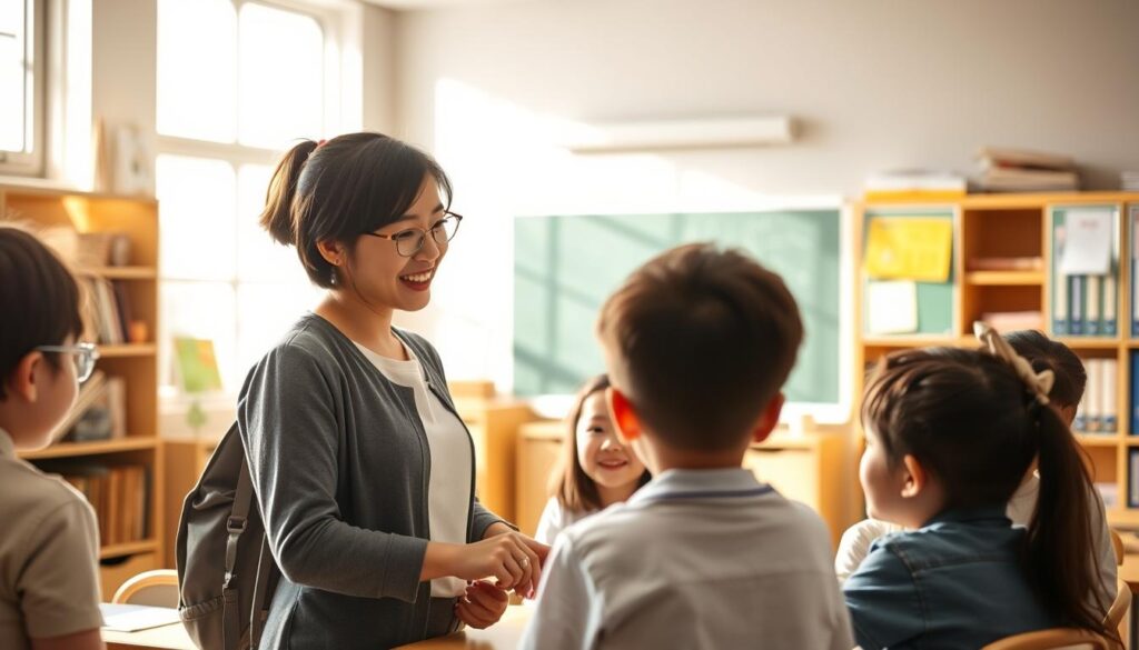 A Japanese school social worker stands in a bright, welcoming classroom, guiding a group of young students through an educational activity. The lighting is soft and natural, casting a warm glow on the scene. The worker, dressed in a professional yet approachable manner, interacts with the students, who have a diverse range of expressions - some attentive, others engaged in the task at hand. The background features a chalkboard, bookcases, and other academic elements, conveying the educational setting. The mood is one of collaboration, support, and a focus on student well-being. The image captures the essence of a school social worker's role in facilitating academic and personal development.