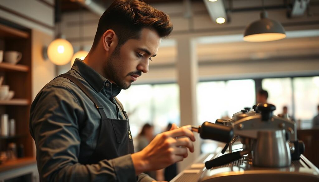 A barista with a focused expression carefully prepares a cup of coffee, meticulously following each step of the extraction process. The scene is set in a modern, well-lit café, the warm glow of the espresso machine casting a soft light on the barista's face. The barista's hands move with practiced precision, grinding the beans, tamping the grounds, and expertly positioning the portafilter. In the background, the clean lines of the café's interior create a minimalist, elegant backdrop, allowing the barista's skilled craft to take center stage. The overall atmosphere is one of calm concentration and the anticipation of a perfectly brewed cup of coffee.