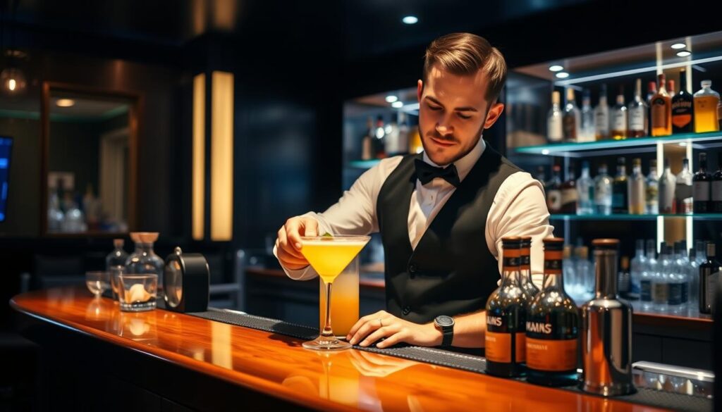 A bartender in a dimly lit, sophisticated bar setting, standing behind a polished wooden counter, expertly mixing a cocktail with precise movements. The bartender has a focused, professional demeanor, wearing a crisp white shirt, black vest, and bowtie. The bar features subtle mood lighting, with bottles of liquor neatly arranged on shelves behind the bartender. The overall atmosphere conveys a sense of elegance and refinement, reflecting the skills and knowledge required to become a qualified bartender.