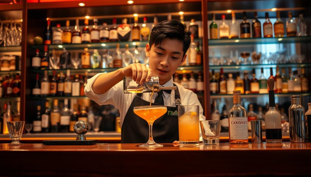 A bartender standing behind a sleek, mahogany bar, skillfully mixing a cocktail with precise movements. The bartender's face is youthful and Japanese-inspired, with a focused expression as they pour and measure ingredients with care. The bar is illuminated by warm, ambient lighting, casting a cozy, inviting atmosphere. Bottles of various liquors and glassware are neatly arranged on the back bar, suggesting the bartender's thorough knowledge of their craft. The scene captures the essence of the bartending profession, showcasing the necessary skills, attention to detail, and commitment to providing an exceptional customer experience.