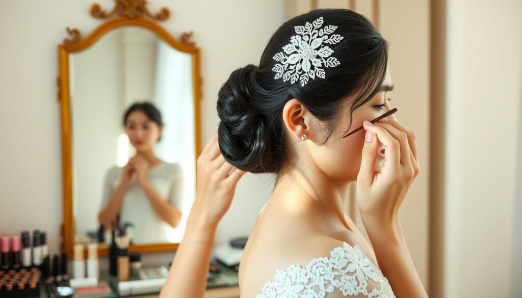 A beautiful, young Japanese woman stands in a sunlit bridal suite, her midnight-black hair carefully styled in an elegant updo. She wears a delicate lace headpiece and applies the final touches to her makeup, her expression serene and focused. The soft, diffused lighting flatters her porcelain skin, creating a warm, ethereal atmosphere. In the background, we see the reflection of the artist in a mirror, surrounded by an array of professional-grade cosmetics and hair styling tools. The scene captures the skill and artistry of a talented bridal hair and makeup artist, perfectly suited to illustrate the unique challenges and responsibilities of this specialized profession.