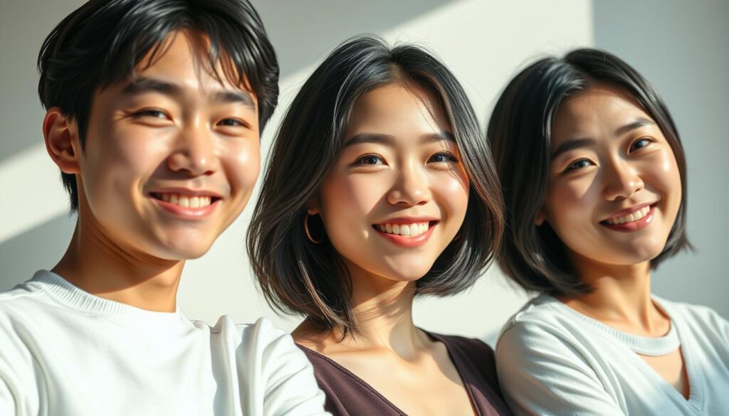 A beautifully composed image depicting three successful Japanese YouTubers, their faces radiating a youthful, vibrant energy. The scene is set against a minimalist backdrop, allowing the subjects to take center stage. Soft, natural lighting casts gentle shadows, accentuating their features and creating a sense of depth and dimension. The models, all with black hair and distinct facial features, exude a sense of professionalism and confidence, embodying the essence of the "成功YouTuber事例研究" theme. The overall atmosphere is one of inspiration and aspiration, inviting the viewer to imagine the possibilities of a career as a YouTuber.