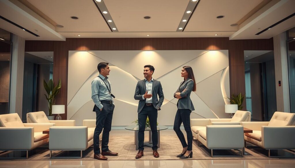 A beautifully designed office lobby, with sleek modern furniture and subtle lighting. In the center, three young, professional-looking individuals are standing, engaged in a friendly discussion. Their attire suggests they are employees of a prestigious talent recruitment firm. The scene conveys a sense of expertise, innovation, and a commitment to nurturing top talent. The background features a minimalist, yet striking wall design, adding to the overall sophisticated ambiance. The image is captured with a wide-angle lens, allowing the viewer to fully immerse in the dynamic yet harmonious environment.