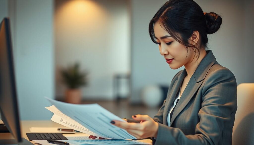 A beautifully lit corporate portrait of a young, stylish Japanese wedding planner in a formal suit, examining financial documents and spreadsheets on her desk. The scene conveys a sense of professionalism, attention to detail, and the analytical nature of the job. The lighting is soft and flattering, with warm tones that create a welcoming atmosphere. The background is a clean, minimalist office space, allowing the subject to be the focus of the image.