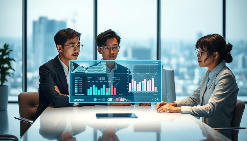 A beautifully lit scene showcasing a group of young, Japanese-looking therapists engaging in a thoughtful discussion. The foreground features three therapists seated around a stylish, minimalist table, their expressions contemplative as they analyze financial data displayed on a sleek, floating holographic display. The middle ground shows a clean, modern office space with floor-to-ceiling windows, allowing natural light to flood the room and create a serene, calming atmosphere. The background features a serene, blurred cityscape, hinting at the urban setting in which this professional analysis takes place. The overall mood is one of professionalism, expertise, and a deep understanding of the intricate financial dynamics of the therapist's career.