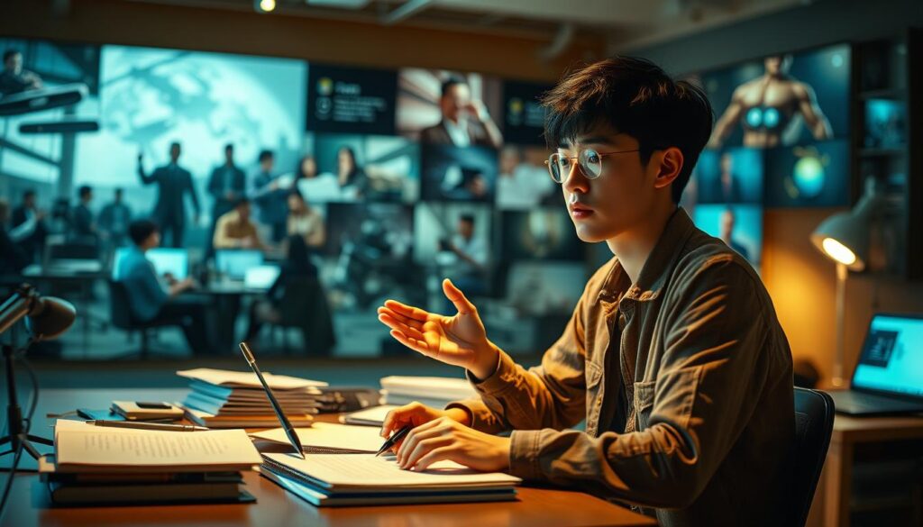 A beautifully lit scene showcasing the career path of a game scenario writer. In the foreground, a young Japanese-looking writer sits at a desk, deeply immersed in their work, surrounded by notebooks, laptops, and reference materials. The middle ground features them presenting their ideas to a team of collaborators, gesturing animatedly as they describe the narrative they've crafted. In the background, a montage of scenes depicts the writer's journey - from attending game design workshops, to pitching their concepts to publishers, to seeing their work come to life on the screen. The lighting is soft and warm, creating a contemplative, focused atmosphere that reflects the dedication and creativity required for this career path.