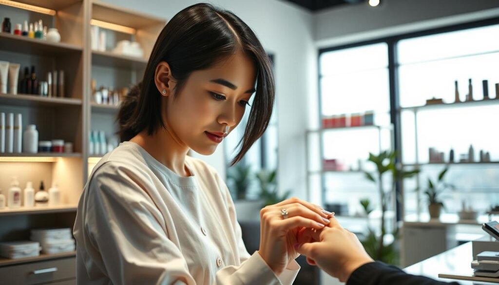 A beautifully lit studio scene showcasing the career path of a young, Japanese-looking nail technician. In the foreground, a skilled model with smooth, black hair demonstrates a delicate manicure on her client's hand, her face radiating concentration. Behind them, a middle-ground displays various nail care tools and products arrayed on sleek, minimalist shelves. The background features a serene, softly-lit space with large windows, conveying a sense of professionalism and tranquility. The overall mood is one of precision, artistry, and the quiet dedication required to thrive in this specialized field.