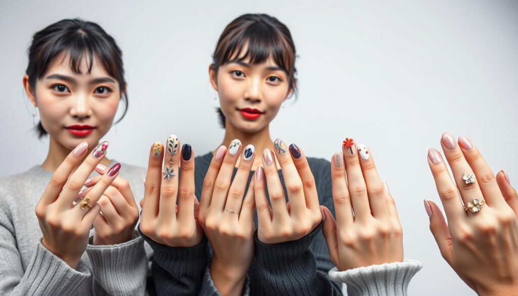 A beautifully lit studio shot showcasing the diverse range of nail art techniques performed by a team of skilled Japanese nail artists. Intricate floral designs, vibrant abstract patterns, and delicate 3D embellishments adorn the models' well-manicured hands, each showcasing the artists' precision and creativity. The models, with their youthful, natural Japanese features, gaze confidently at the camera, their nails the central focus against a clean, minimalist background that allows the artwork to shine. Soft, even lighting highlights the texture and shimmer of the nail polish, creating a sense of elegance and professionalism.