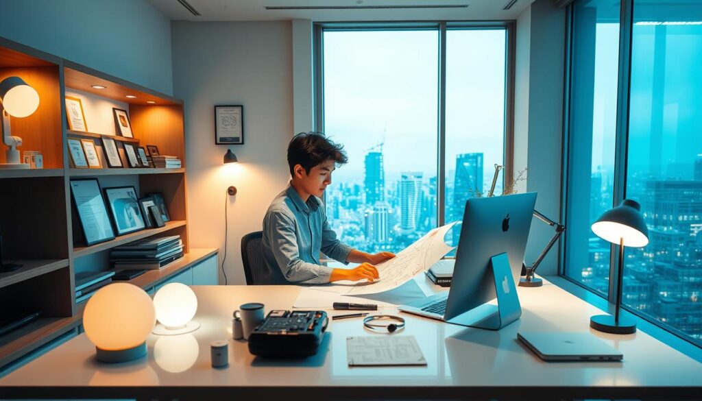 A beautifully lit study room, with a large window overlooking a cityscape. In the center, a young Japanese designer sits at a sleek, minimalist desk, surrounded by various lighting fixtures and design tools. The soft, directional lighting highlights their focused expression as they meticulously examine a schematic plan. Shelves along the walls display various certifications and awards, including a prominent "照明デザイナー資格" credential. The overall atmosphere conveys a sense of expertise, dedication, and passion for the craft of lighting design.