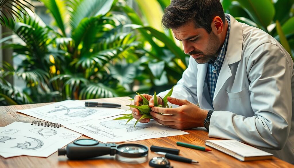 A botanist in a crisp, white lab coat meticulously examines a vibrant, verdant specimen on a wooden table. Beside them, a series of detailed sketches, notes, and reference materials are spread out, while a magnifying glass and a set of precision tools rest nearby. In the background, lush, tropical foliage casts a warm, natural glow, suggesting a well-equipped greenhouse or research facility. The botanist's expression is one of focused concentration, their brow furrowed as they delicately handle the plant, capturing its intricate details and characteristics. The overall scene conveys the daily routine of a dedicated plant hunter, immersed in the exploration and study of the natural world.