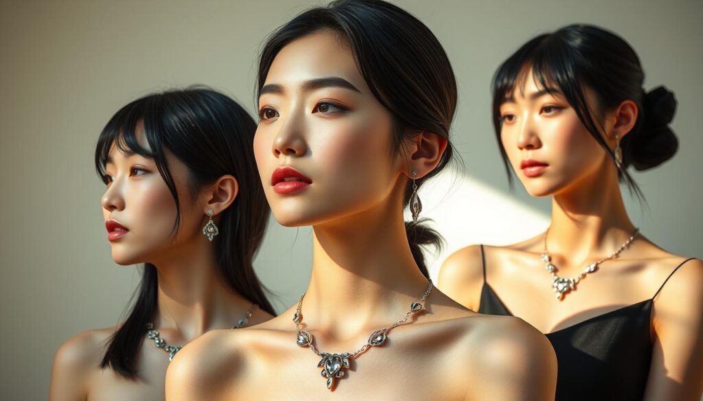 A breathtaking jewelry design portfolio featuring delicate, intricate pieces crafted by a talented Japanese designer. The collection showcases a variety of necklaces, earrings, and bracelets, each meticulously designed with an eye for detail and a modern aesthetic. The models, young Japanese individuals with sleek, black hair, showcase the jewelry against a simple, minimalist background, allowing the pieces to shine. Warm, natural lighting illuminates the gemstones, casting a soft, inviting glow. The overall atmosphere is one of refinement, elegance, and artistic excellence, capturing the essence of the designer's unique vision and skill.