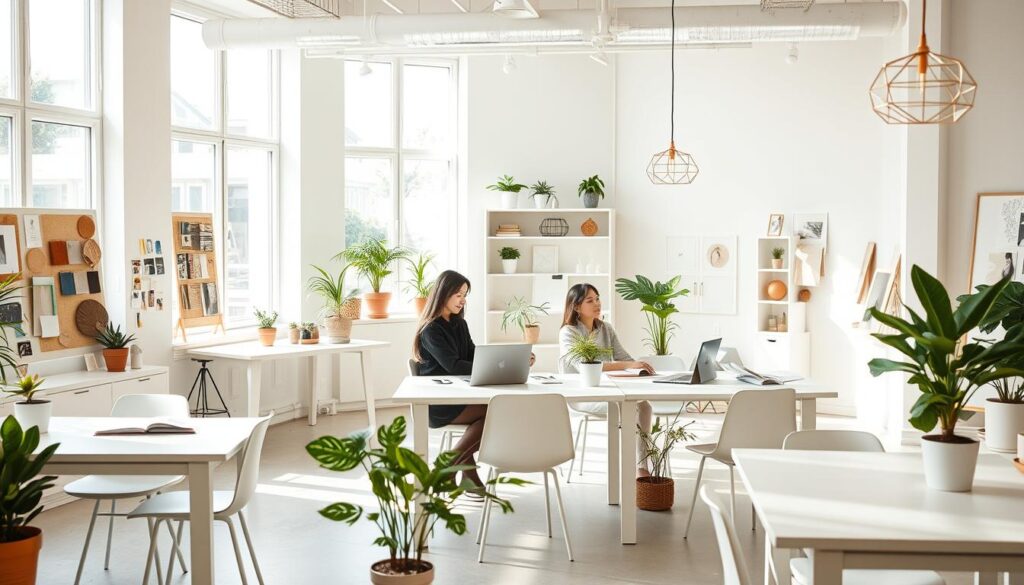 A bright, airy interior design studio with large windows flooding the space with natural light. Sleek, minimalist desks and chairs in a modern, Scandinavian-inspired aesthetic. Walls adorned with mood boards, fabric samples, and color palettes. Three young, focused Japanese designers collaborating intently, surrounded by potted plants, sketch pads, and laptops. Soft, diffused lighting casts a warm, productive ambiance throughout the open-concept layout. Geometric pendant lights hang overhead, complementing the clean, uncluttered vibe. The space conveys a harmonious, creative atmosphere where inspired interior design flourishes.