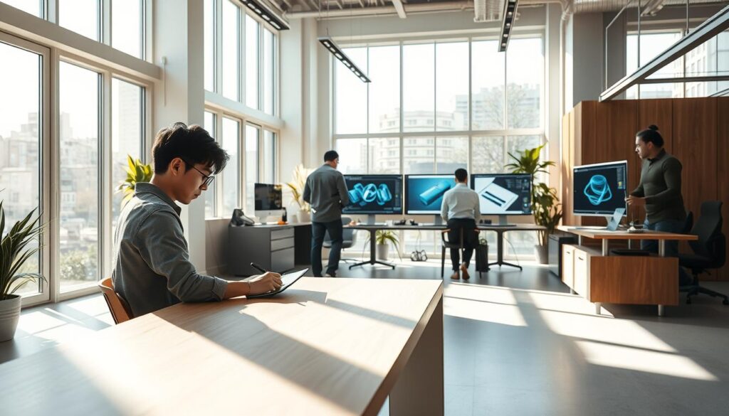 A bright, airy office space filled with sleek industrial design elements. In the foreground, a young Japanese industrial designer sits at a minimalist wooden desk, intently sketching concepts on a tablet. To the side, a trio of colleagues collaborate over CAD models displayed on crisp high-resolution monitors. Sunlight streams in through floor-to-ceiling windows, casting a warm glow on the modern, monochromatic furniture and materials. The atmosphere is focused yet relaxed, reflecting the precise, creative work of this dynamic design team. Precise lighting from overhead creates striking shadows and highlights the clean, functional aesthetic.