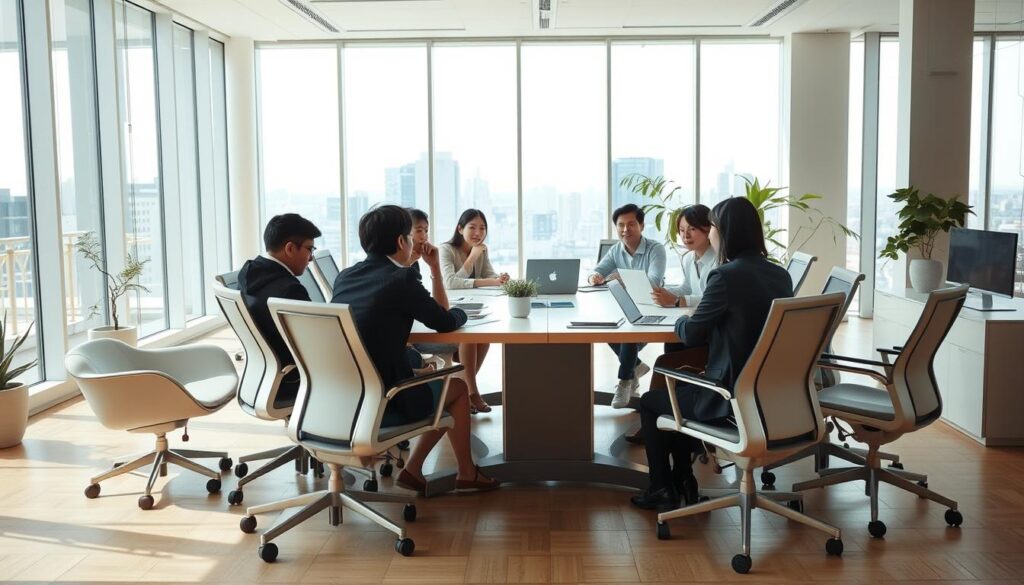 A bright, airy office space with floor-to-ceiling windows, allowing natural light to flood the room. In the foreground, a group of young, professional-looking Japanese individuals sit around a large, modern conference table, engaged in a lively discussion. Their attire is a mix of casual and business attire, reflecting a more relaxed work environment. In the middle ground, sleek, ergonomic office furniture and decor create a minimalist, yet inviting atmosphere. The background features a cityscape view, hinting at the bustling urban setting. The overall mood is one of productivity, collaboration, and a sense of forward-thinking, reflecting the concepts of "work style reform" and "office environment transformation."