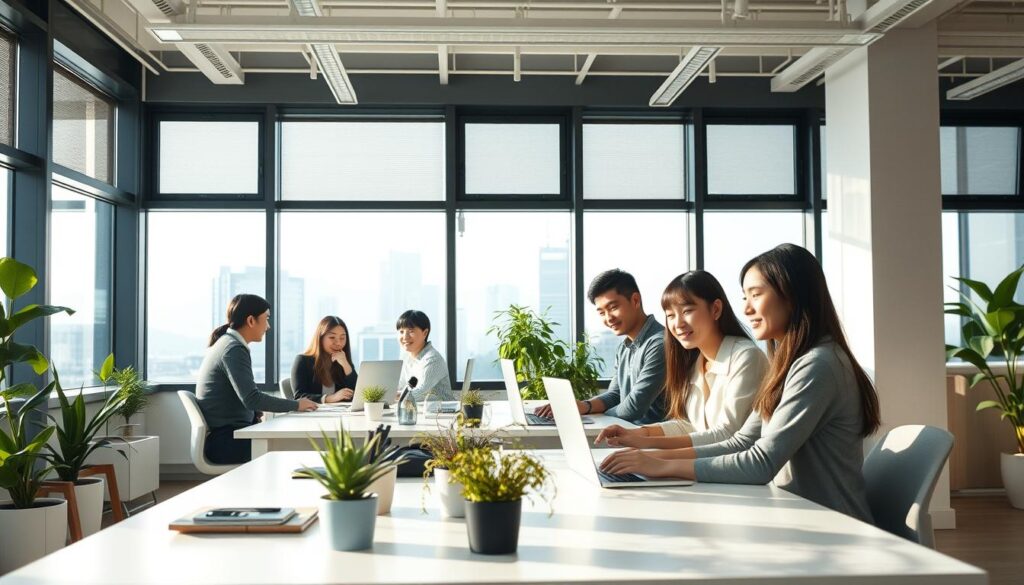 A bright, airy office space with large windows letting in natural light. A group of young, Japanese-looking professionals in casual attire collaborate at modern, minimalist desks. The atmosphere is relaxed and collegial, with plants and simple decor creating a calm, productive environment. In the background, a cityscape with high-rise buildings is visible through the windows, hinting at the urban setting. The lighting is soft and diffused, creating a warm, inviting mood. The overall scene conveys a positive, well-designed workplace that values the comfort and wellbeing of its employees.