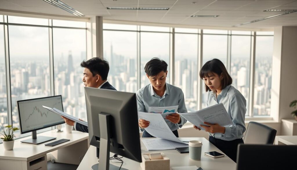 A bright, airy office space with modern furniture and large windows overlooking a bustling city skyline. In the foreground, a group of young, focused Japanese-looking financial analysts intently studying reports and charts, their expressions intense as they confer with one another. The middle ground features a sleek, minimalist desk setup with multiple high-resolution monitors, stylish desk accessories, and a professional yet relaxed atmosphere. The background showcases a panoramic view of the urban landscape, suggesting the fast-paced, dynamic nature of the securities industry. Soft, directional lighting creates a sense of professionalism and productivity, while the overall mood conveys a blend of concentration, collaboration, and the thrill of financial analysis.