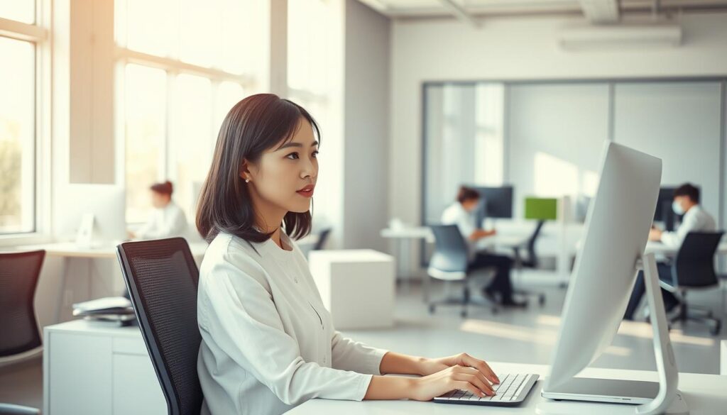 A bright, airy office with clean, minimalist decor. A young, neatly-dressed Japanese woman sits at a modern, ergonomic desk, focused intently on her computer screen. Warm, natural lighting filters in through large windows, casting a soft glow over the space. The woman's expression is one of quiet concentration, reflecting the calm, efficient atmosphere of the workspace. In the background, colleagues engage in quiet discussions or collaborate at shared tables, creating a sense of productive, yet relaxed energy. The overall scene conveys the professionalism and attention to detail expected of a skilled secretary in a well-designed, modern office environment.