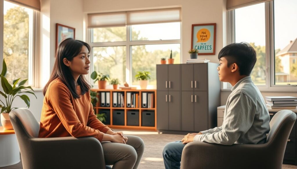 A bright, airy school counselor's office, bathed in warm natural light from large windows. In the foreground, a young, attentive Japanese-looking counselor sits across from a student, engaged in a thoughtful discussion. The counselor's expression is calm and empathetic, while the student appears contemplative. Tasteful decor, such as plants and motivational artwork, creates a welcoming atmosphere. The middle ground features bookshelves and filing cabinets, hinting at the counselor's wealth of knowledge and resources. In the background, a view of a lush school campus can be seen through the windows, conveying a sense of tranquility and support. Overall, the scene captures the essence of a school counselor's role - providing guidance, care, and a safe space for students to navigate their challenges.
