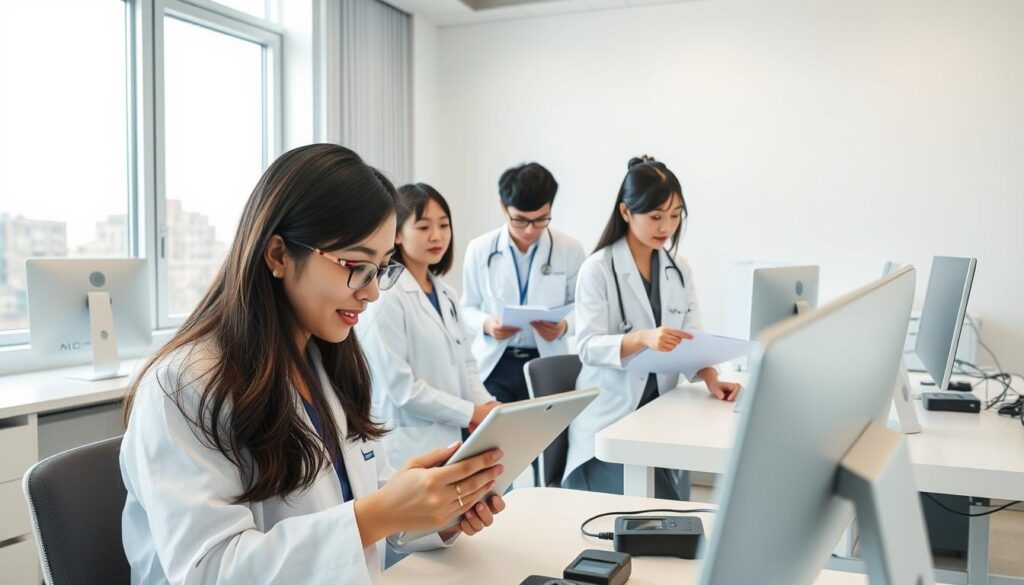 A bright, airy speech therapy clinic with large windows letting in natural light. A team of young, Japanese-looking speech-language pathologists collaborating at modern workstations equipped with the latest diagnostic tools and communication devices. In the foreground, a clinician assesses a patient's progress using a tablet, while in the middle ground, colleagues review reports and plan treatment strategies. The mood is one of focused professionalism and a commitment to providing personalized, evidence-based care. The clean, well-organized environment reflects the speech-language pathologists' dedication to their craft and their patients' wellbeing.