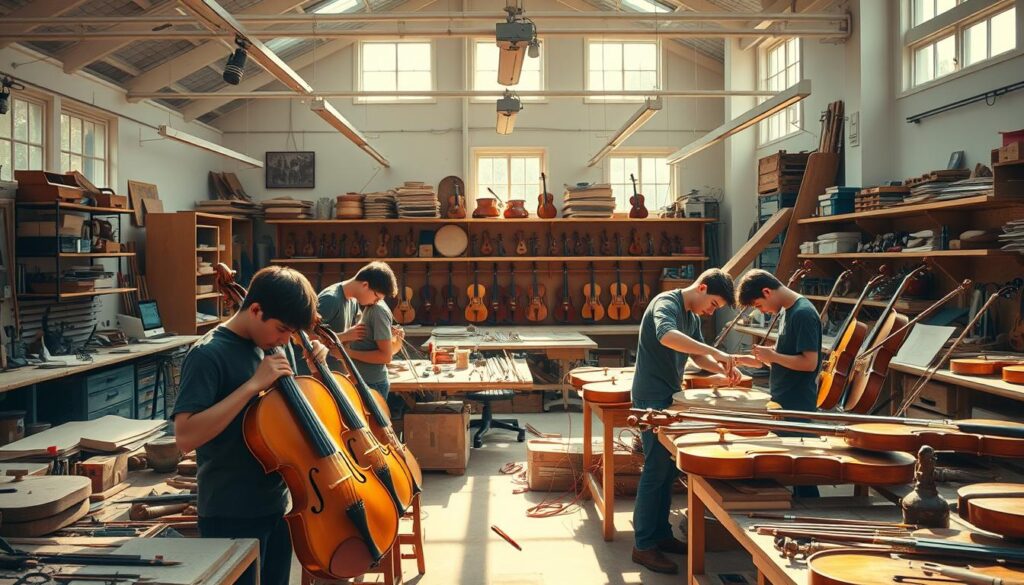 A bright, airy workshop filled with the tools and materials of instrument making. In the foreground, a team of young, skilled craftsmen diligently shaping wood, tuning strings, and assembling the intricate components of various musical instruments. Warm, natural lighting floods the space, casting a golden glow and highlighting the focus and precision of their work. In the middle ground, shelves and workbenches display an array of partially completed violins, guitars, and other stringed instruments, each at a different stage of the painstaking creation process. The background reveals the broader context of the workshop - high ceilings, large windows, and the occasional glimpse of a computer or drafting table, reflecting the blend of traditional craftsmanship and modern techniques that define this specialized profession. An atmosphere of concentration, passion, and the quiet satisfaction of creating something beautiful by hand permeates the scene.