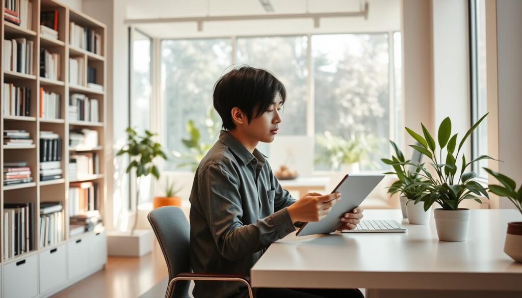 A bright, airy workspace with large windows flooding the room with natural light. A young, Japanese-looking freelance space designer sits at a sleek, minimalist desk, intently focused on a tablet in hand. Bookshelves line the walls, filled with design references and inspirational materials. Plants and potted greenery add a fresh, organic touch to the modern, professional atmosphere. The designer is dressed casually yet stylishly, exuding a sense of calm focus as they contemplate their latest project. Warm, diffused lighting casts a soft glow across the scene, creating a serene, productive ambiance.