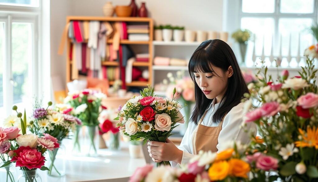 A bright and airy flower shop, bathed in natural light from large windows. The counter is adorned with an array of fresh blooms in vases, their vibrant colors and textures drawing the eye. A young, dark-haired Japanese woman, dressed in a crisp white blouse and apron, is carefully arranging a bouquet, her expression focused and serene. In the background, shelves are stocked with an assortment of floral accessories, from ribbon to vases, all neatly organized. The overall atmosphere is one of calm, professional preparation, as the shop owner readies her space to welcome customers and showcase her floral artistry.