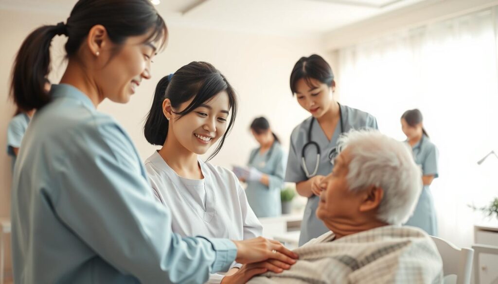 A bright and well-lit room with a team of dedicated care workers attending to an elderly patient. In the foreground, a young female caregiver gently helps the patient sit up in bed, her face full of compassion. In the middle ground, another caregiver checks the patient's vitals, their expression focused and attentive. The background shows additional caregivers tidying the room and preparing medications, all with a calm and professional demeanor. The lighting is warm and natural, creating a soothing atmosphere. The caregivers have a youthful, Japanese-inspired appearance, their black hair and gentle features conveying a sense of cultural sensitivity and personalized care.