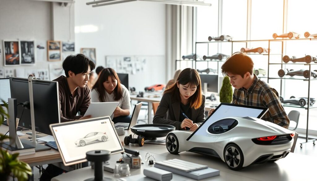 A bright, modern car design studio filled with young Japanese designers, their desks covered in sketches, 3D models, and mood boards. Natural light streams in through large windows, casting a warm glow over the workspace. In the foreground, a team collaborates intently around a computer screen, discussing the latest design iteration. In the middle ground, a designer meticulously renders a sleek, futuristic vehicle concept on a drawing tablet. The background reveals a wall of scale models and prototypes, hinting at the studio's diverse portfolio. The atmosphere is one of focused creativity and passion for automotive design.