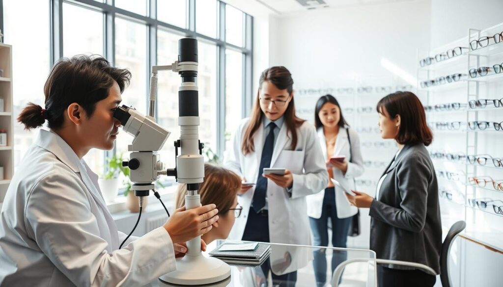 A bright, modern optometrist's office with large windows allowing natural light to flood the space. In the foreground, a young Japanese-looking optometrist in a white coat carefully examines a patient's eyes using a slit lamp. In the middle ground, two other optometrists assist patients, selecting frames and discussing prescriptions. The background showcases an array of eyeglasses and contact lens supplies neatly organized on shelves. The overall atmosphere is calm, professional, and focused on providing high-quality eye care.