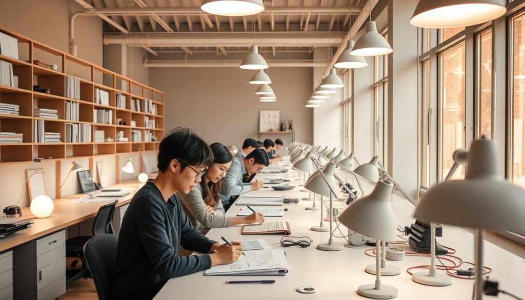 A bright, modern workspace filled with sleek, minimalist lighting fixtures. Rows of workstations with designers intently sketching ideas, collaborating over CAD drawings, and testing prototype lamps. Warm, natural light floods the space through floor-to-ceiling windows, casting a cozy glow. Shelves display an array of lighting components, technical manuals, and inspirational mood boards. The designers, young Japanese professionals, move with purpose and creativity, their faces focused yet relaxed. The atmosphere is one of focused innovation, where the latest lighting technology and timeless design principles converge to illuminate the world.