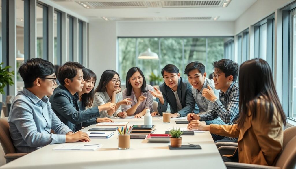 A bright, open-plan office with large windows and natural light flooding the space. A team of young, focused Japanese-looking professionals clustered around a conference table, engaged in a lively discussion. They sit comfortably, leaning in, gesturing with their hands as they collaborate on a project. The atmosphere is relaxed yet productive, with a sense of camaraderie and purpose. The lighting is soft and even, creating a warm, inviting ambiance. The camera captures the scene from a slightly elevated angle, providing a comprehensive view of the collaborative workplace environment.
