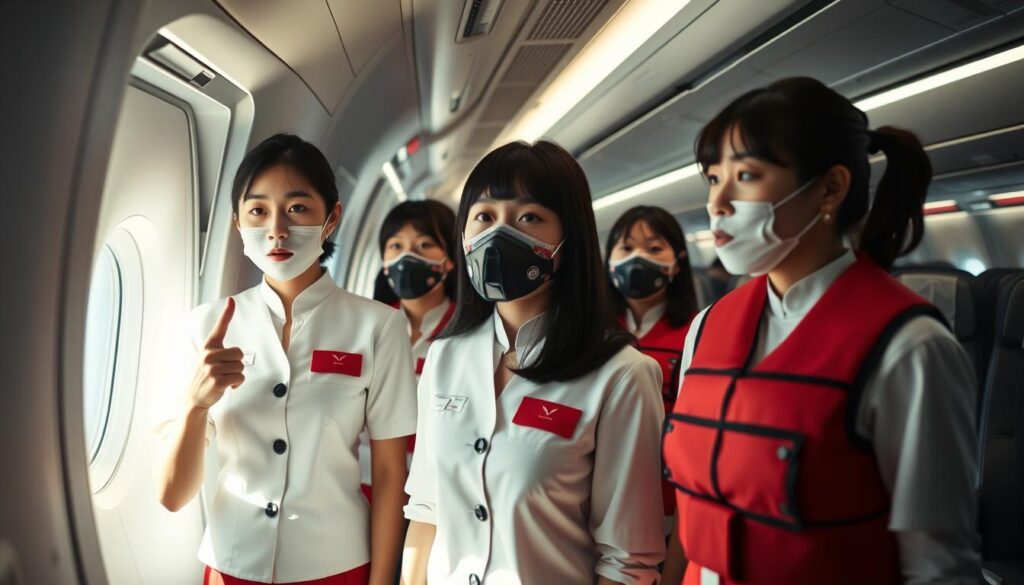 A brightly lit cabin interior, with a group of young Japanese-looking flight attendants demonstrating emergency safety procedures. They are standing in a meticulously detailed airplane aisle, wearing crisp uniforms and attentive expressions. Dramatic lighting casts shadows, emphasizing the serious, professional nature of the training session. The attendants gesture towards exit doors, oxygen masks, and life vests, conveying a sense of preparedness and attention to detail. The scene is captured with a cinematic, documentary-style camera angle, immersing the viewer in the moment.