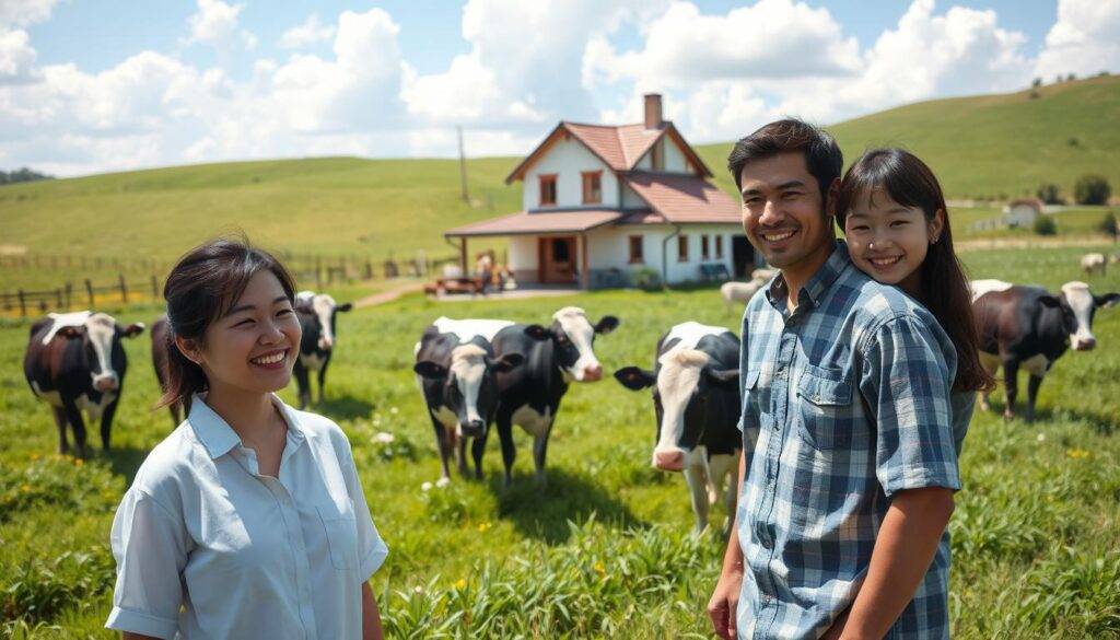 A bucolic countryside scene of a young Japanese family preparing to embark on their new life as dairy farmers. In the foreground, a smiling couple in casual attire inspect a herd of contented Holstein cows grazing in a lush, verdant pasture. The middle ground features a modest but well-maintained farmhouse with a red-tiled roof, surrounded by rolling hills and a clear blue sky punctuated by fluffy white clouds. Bright, natural lighting casts a warm, inviting glow across the scene, capturing the spirit of hard work, dedication and the fulfillment that comes with living off the land. The overall mood is one of tranquility, optimism and the promise of a rewarding new chapter.