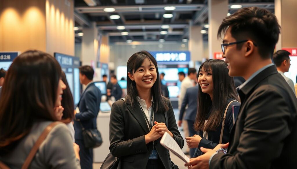 A bustling IT job fair in a modern office setting. In the foreground, several young, professional-looking Japanese individuals engage in animated discussions, their expressions conveying a sense of excitement and optimism. The middle ground features a variety of technology-themed displays and informational booths, highlighting the latest trends and opportunities in the industry. The background is softly blurred, creating a sense of depth and focus on the central figures. The lighting is warm and inviting, casting a subtle glow on the scene. The overall atmosphere conveys the dynamic and rapidly evolving nature of the IT job market.