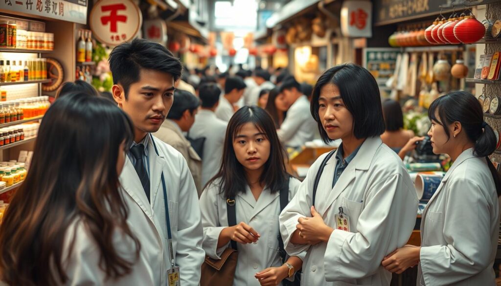 A bustling Japanese marketplace filled with young, dark-haired individuals, captured in a realistic photographic style. In the foreground, a group of acupuncturists discuss the latest industry trends and rising demand for their services, their faces expressing a mix of professional concern and optimism. The middle ground showcases various traditional herbal remedies and acupuncture tools, hinting at the diverse range of treatments offered. In the background, a serene yet vibrant atmosphere prevails, with shoppers browsing the stalls and negotiating prices, providing a glimpse into the thriving economic landscape of the acupuncture profession.