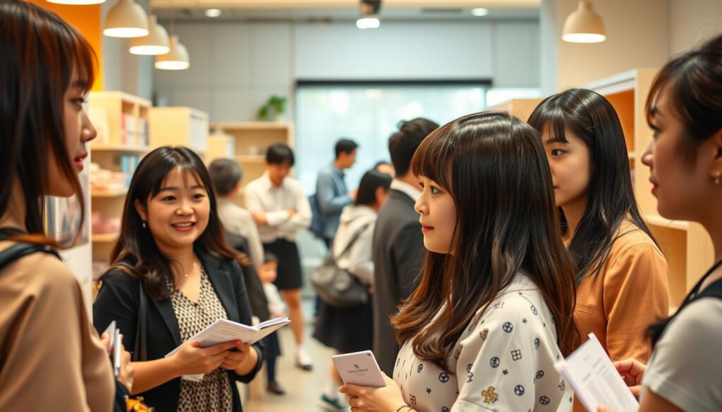 A bustling Japanese nanny market, where young, raven-haired professionals cater to the needs of modern families. The scene depicts a lively indoor setting, with a warm, natural lighting casting a soft glow over the subjects. In the foreground, a group of nannies engage in lively discussions, their expressions conveying a sense of expertise and nurturing care. In the middle ground, parents peruse resumes and exchange ideas, while in the background, a well-appointed nursery area sets the stage for the services on offer. The overall mood is one of professionalism, community, and a deep understanding of the unique demands of Japanese childcare.