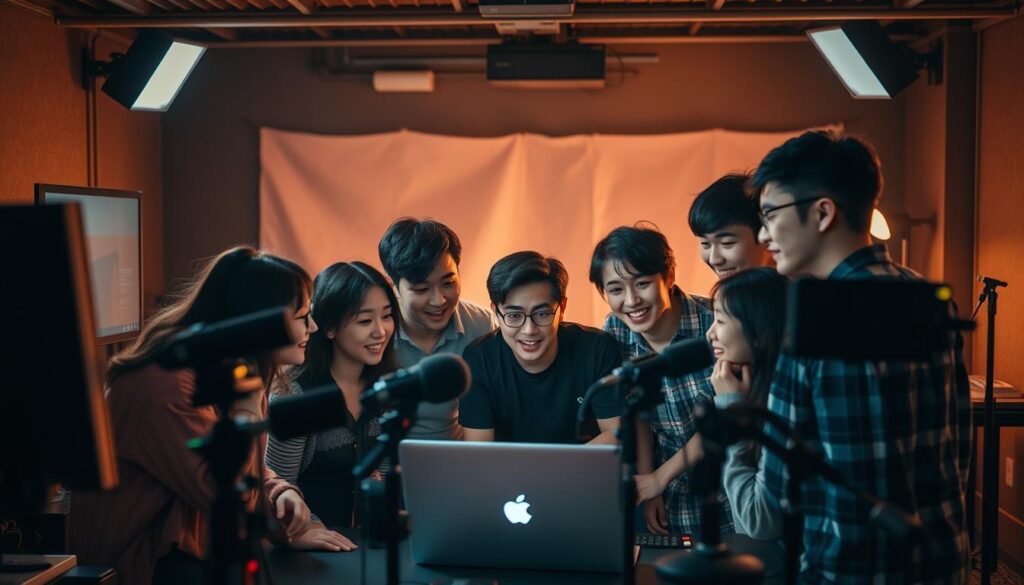 A bustling YouTube studio, dimly lit with warm ambient lighting. In the foreground, a group of young, vibrant Japanese creators huddle around a laptop, engaged in a lively discussion. Their expressions are animated, their body language animated, as they strategize ways to deepen their connection with their loyal audience. In the middle ground, various recording equipment, microphones, and camera gear are neatly arranged, reflecting the professional nature of their work. The background is a softly blurred backdrop, hinting at the broader digital landscape in which they operate. The mood is one of focus, collaboration, and a shared passion for content creation that captivates and resonates with their viewers.