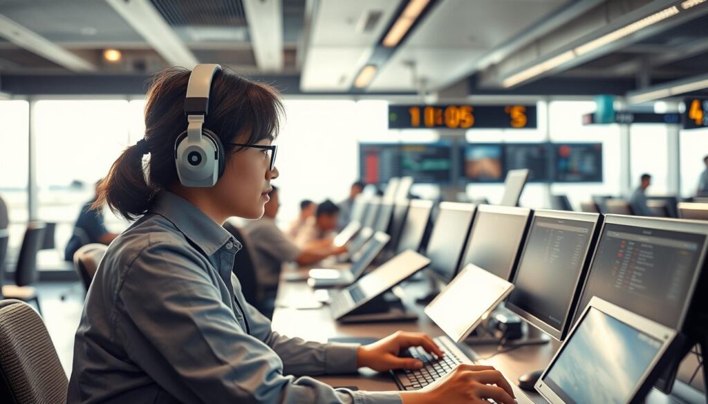 A bustling airport dispatch office, with a young Japanese-looking operator diligently overseeing flight coordination. Natural lighting filters through the large windows, casting a warm glow on the scene. The dispatcher, focused and attentive, navigates various screens and communication devices, demonstrating their fluency in English as they liaise with international flight crews. The atmosphere is one of efficiency and professionalism, underscoring the critical role of multilingual skills in this fast-paced, global industry.