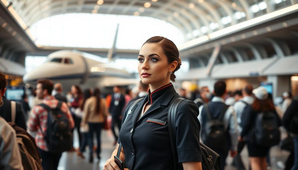 A bustling airport terminal, a flight attendant stands tall, her crisp uniform and confident demeanor radiating professionalism. She gazes ahead, eyes filled with determination, as she navigates the intricate maze of passengers, seamlessly coordinating their needs. In the background, a sleek, modern aircraft awaits, its sleek lines and gleaming fuselage suggesting the world of opportunity that lies beyond. Soft, warm lighting illuminates the scene, casting a subtle glow that highlights the flight attendant's poise and grace. This image captures the essence of a career in flight service, where dedication, adaptability, and a passion for customer service pave the way for growth and advancement.