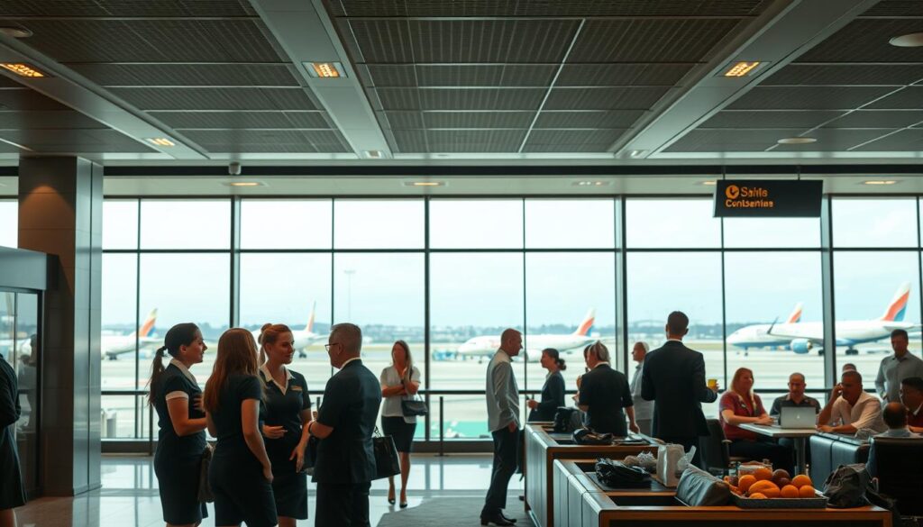 A bustling airport terminal, bathed in soft, warm lighting. In the foreground, a group of airline cabin crew members engage in lively conversation, their uniforms crisp and professional. The middle ground reveals a comfortable staff lounge, where ground crew personnel take a well-deserved break, enjoying refreshments and relaxing on plush seating. In the background, a panoramic view of the tarmac, planes taking off and landing, symbolizing the dynamic and vital nature of their work. The scene conveys a sense of camaraderie, professionalism, and appreciation for the hard-working aviation professionals who ensure the smooth operation of air travel.