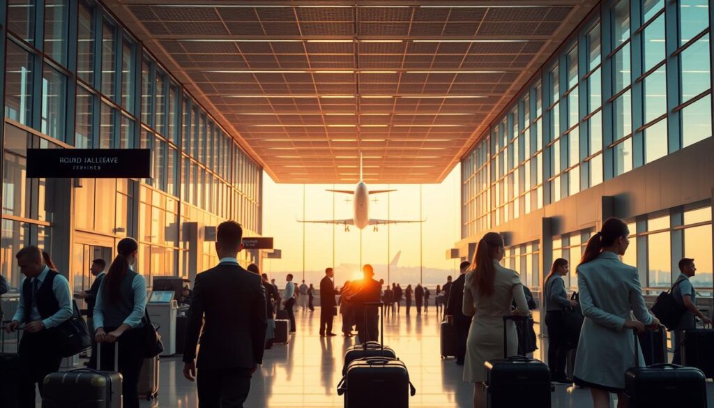 A bustling airport terminal, bathed in warm, diffused lighting from floor-to-ceiling windows. In the foreground, a team of young, attentive ground staff in crisp uniforms, efficiently coordinating luggage, passenger check-ins, and aircraft servicing. The middle ground reveals a spacious, modern concourse with sleek, minimalist design elements, conveying a sense of calm efficiency. In the background, the distant silhouettes of aircraft taking off and landing, underscoring the dynamic, fast-paced nature of the ground staff's work environment. The overall atmosphere is one of professional precision, teamwork, and a shared purpose to ensure a seamless travel experience for passengers.