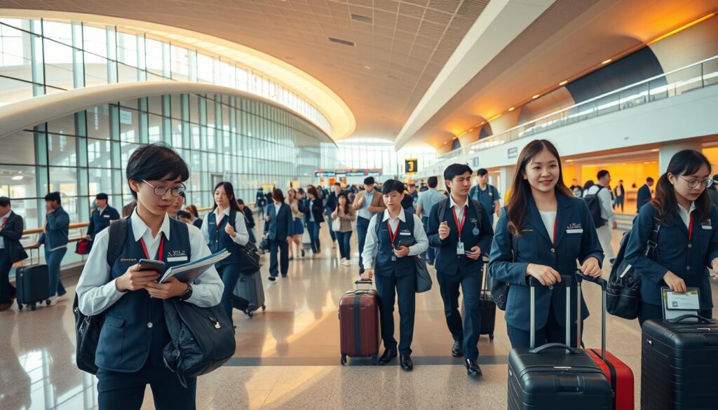 A bustling airport terminal, bathed in warm lighting. In the foreground, a team of young, Japanese-looking ground staff efficiently carry out their duties - checking manifests, guiding passengers, and ensuring smooth operations. In the middle ground, travelers hurry through the concourse, suitcases in hand. The background reveals the iconic architecture of the airport, with gleaming windows and a sweeping, modern design. The scene conveys a sense of organized chaos, with the ground staff calmly orchestrating the flow of people and aircraft. Captured with a wide-angle lens, the image offers a comprehensive view of the daily routine of these dedicated professionals.