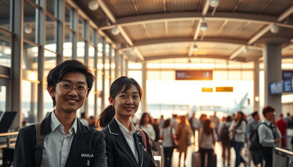 A bustling airport terminal, bathed in warm, natural lighting from large windows. In the foreground, a group of young, professionally dressed Japanese-looking individuals stand at a check-in counter, their expressions a mix of focus and approachability. The middle ground features a diverse array of passengers navigating the space, conveying the hustle and energy of the scene. In the background, glimpses of the tarmac and aircraft can be seen through the windows, suggesting the broader context of the airport environment. The overall atmosphere is one of efficiency, hospitality, and a welcoming ambiance, reflecting the essential qualities required of ground staff personnel.