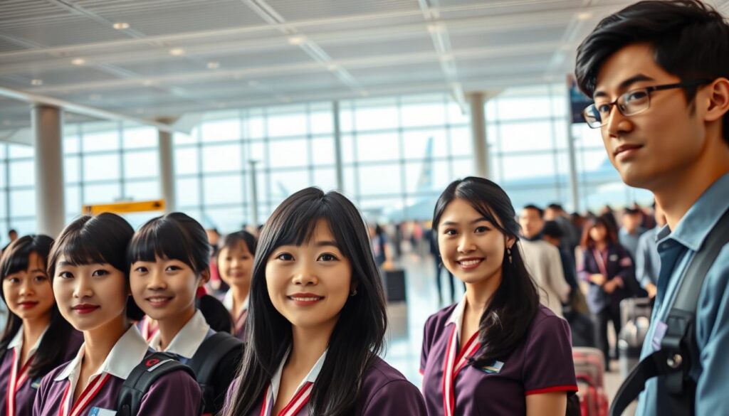 A bustling airport terminal, filled with an array of aspirants vying for the coveted role of flight attendant. In the foreground, a group of young, Japanese-looking individuals stand poised, their black hair neatly styled, their expressions radiating a mix of determination and professionalism. The lighting is soft and natural, casting a warm glow that accentuates their features. The middle ground reveals a backdrop of bustling activity, with travelers navigating the space, suitcases in hand. In the distance, the sleek silhouettes of aircraft can be seen through large, panoramic windows, hinting at the global connectivity that these aspiring flight attendants will soon be a part of. The overall atmosphere conveys a sense of opportunity, excitement, and the high standards required to join the ranks of this esteemed profession.