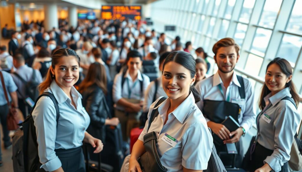 A bustling airport terminal, filled with the hustle and bustle of travelers. In the center, a group of attentive and professional-looking attendants in crisp uniforms, assisting passengers with their luggage and guiding them through the intricate process of check-in and security. Their expressions are calm and focused, conveying a sense of competence and care as they navigate the daily routines of their work. The lighting is warm and natural, casting a gentle glow on the scene, while the background is a blend of modern architecture and the occasional glimpse of aircraft outside the windows. The overall atmosphere is one of efficiency and service, reflecting the crucial role these attendants play in ensuring a smooth and pleasant travel experience for all.