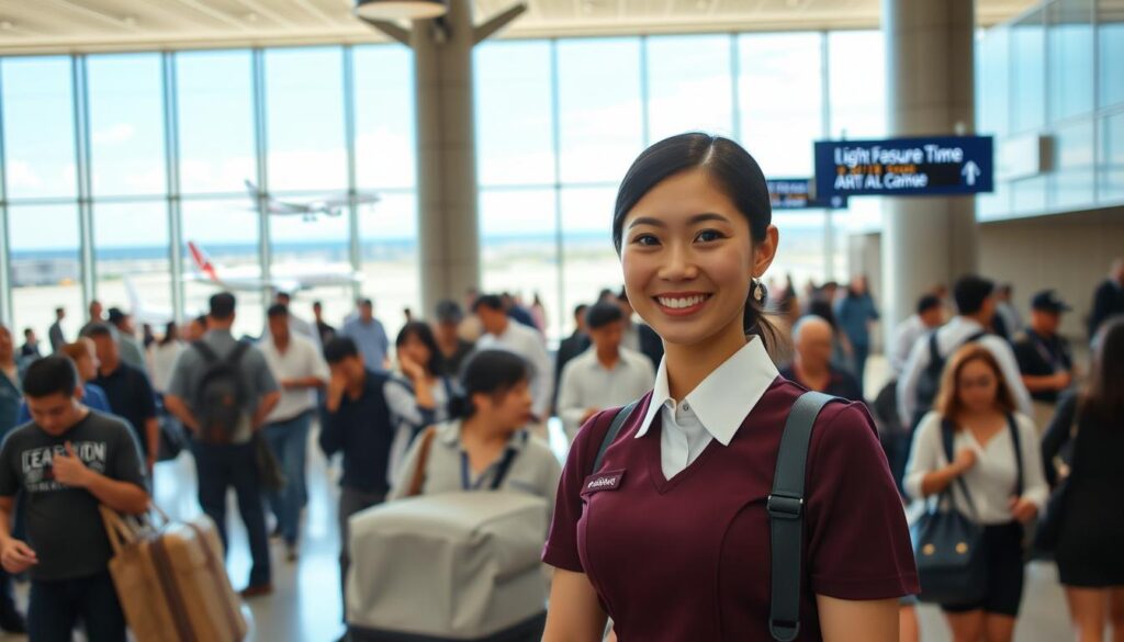 A bustling airport terminal, filled with the hustle and bustle of travelers. In the foreground, a young, Japanese-looking flight attendant stands with a warm, inviting smile, her crisp uniform and polished demeanor exuding professionalism. The middle ground showcases the efficient flow of passengers, their faces reflecting a mix of excitement and anticipation. In the background, the towering windows offer a glimpse of the sprawling tarmac, airplanes taking off and landing against a vibrant, sun-drenched sky. The overall scene conveys the dynamic nature of the flight attendant's role, blending service, attention to detail, and a genuine desire to ensure a memorable travel experience for all.