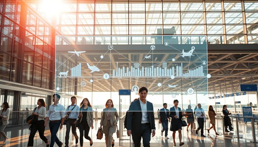 A bustling airport terminal, its sleek glass facade bathed in warm sunlight. In the foreground, a group of young Japanese professionals stride purposefully, their faces determined yet hopeful. They represent the diverse career paths within the aviation industry - from pilots and air traffic controllers to ground crew and cabin staff. The middle ground showcases a holographic display, illustrating the interconnected journey of career progression and lateral moves between various aviation roles. In the background, an intricate network of departure gates and boarding lounges hints at the global reach and dynamic nature of this industry. Captured with a cinematic wide-angle lens, the scene conveys the sense of opportunity, growth, and the endless possibilities that await those seeking to build a fulfilling career in the world of aviation.