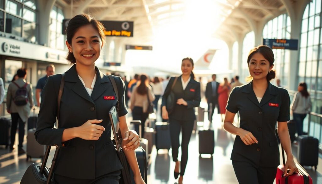 A bustling airport terminal, sun-dappled and vibrant. In the foreground, a trio of graceful, young Japanese flight attendants stride with purpose, their crisp uniforms and coiffed hairstyles exuding professionalism. Calm yet attentive, they navigate the busy concourse, interacting with passengers with warm smiles and helpful gestures. The middle ground reveals the dynamic flow of travelers, their luggage and expressions captured in a seamless dance. In the background, the sleek silhouettes of aircraft stand ready, hinting at the global reach of this esteemed career. Warm lighting and a sense of efficiency pervade the scene, conveying the rewarding challenges and responsibilities of the flight attendant's role.